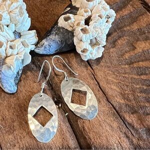 Artisan Hammered Hooks Earrings Sterling Silver Oval Cut Outs Mod Geometrical